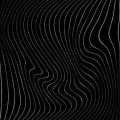 Abstract texture with thin wavy silver stripes. Creative background with distorted lines. Decorative striped design with distortion effect on dark background. Vector illustration.