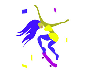 Fototapeta na wymiar Girl jumping on a skateboard, wall art flat style illustration. Сolorful geometric t-shirt sport design 