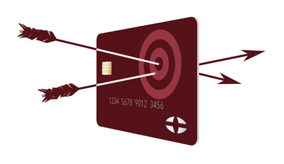 Two arrows penetrate an archery target on a generic credit or debit card. Illustrates being on target and having the correct card for you. 3-D illustration.