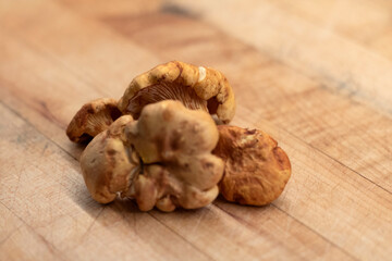 yellow chanterelles on wooden background cutting board