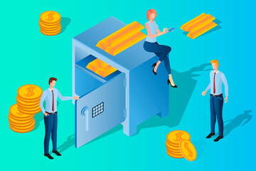 People are engaged in banking.businessmen on the background of a Bank safe and coins and gold safes.Banking and teamwork.Isometric vector illustration.