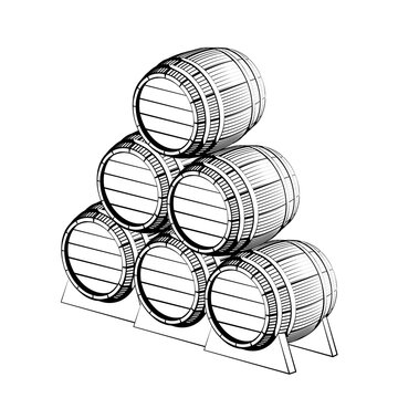 Vector hand drawing wood black barrel with a tap on a stand icons on white background. Engraving style illustrations. Perspective veiw. woodcut