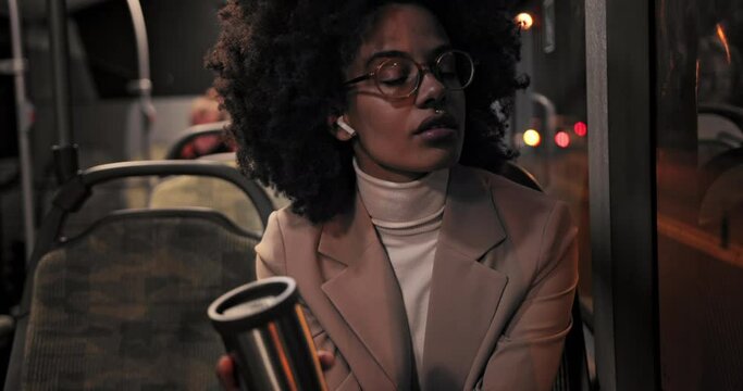 African-american Business Woman On Way To Work With Bus