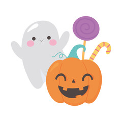 happy halloween pumpkin ghost and candies