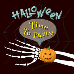 Dead Man Skeleton Hand with Halloween Pumpkin as Watch on It Saying Time To Party Holidays Comic Creative Concept with Lettering - Multicolor on Spider Web Background - Mixed Graphic Design