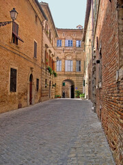 Italy, Marche, Ostra Vetere downtown medieval street. 
