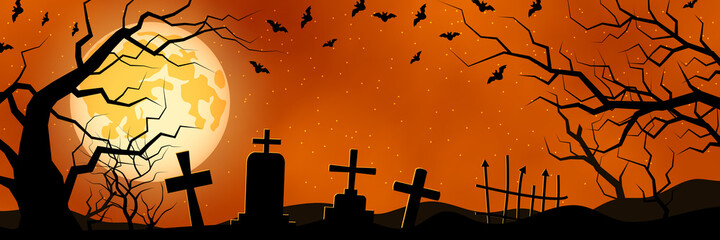 Halloween orange scary night horizontal vector banner 
