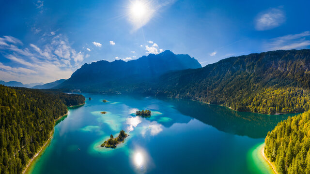 Aerial view of Eibsee lake with Zugspitze mountain in background