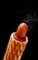 Delicious french hot dog with ketchup on a black background, isolated
