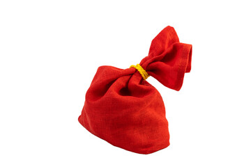 Red gift sack with presents isolated on white background.