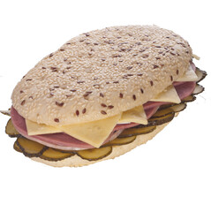 sandwich with seeds, ham, cheese and cucumber isolated on white