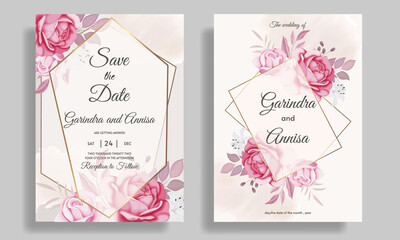  Wedding invitation card template set with romantic floral frame   Premium Vector