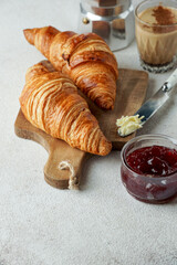 croissants with coffee and jam, tipical cotinental breakfast