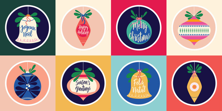 Set of Vintage Christmas Ornament Icons with Merry Christmas, Season's Greetings, Feliz Natal, and Joyeux Noel Written in Script