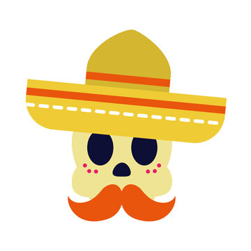 day of dead concept, mexican skull with mustache and hat, flat style