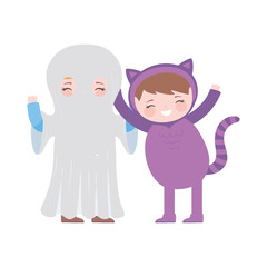 happy halloween, childrens with ghost and cat costumes cartoon