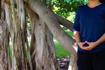 Close up of a young Hispanic woman practicing yoga outdoors in a park with trees, very concentrated and relaxed