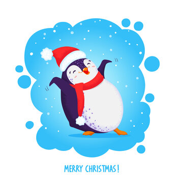 Cute funny penguin in a santa hat and red scarf. Merry Christmas greetings. Vector illustration in cartoon style.