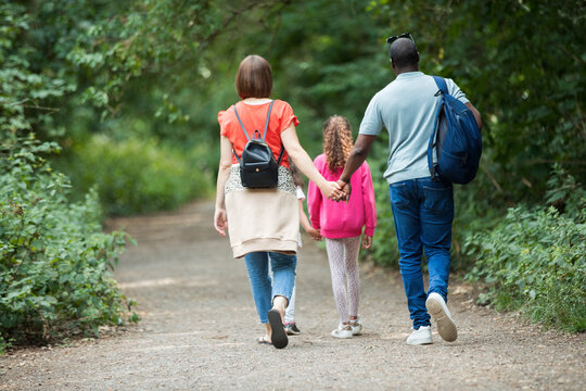 Family holding hands walking on path in woods