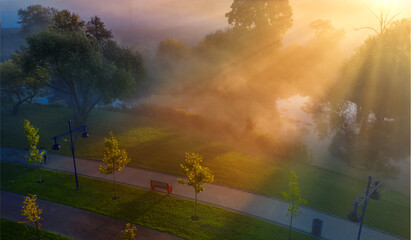 Dawn in the park. Fresh morning in the recreational area of Bucha