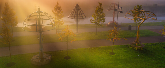 Dawn in the park. Fresh morning in the recreational area of Bucha