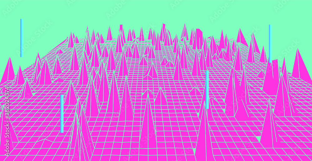 Aufkleber Abstract technology background with warped and distorted laser grid. Vaporwave and synthwave style illustration like in old video arcade games.