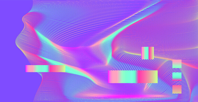 Abstract technology background with warped and distorted laser grid. Vaporwave and synthwave style poster.