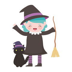 happy halloween, girl with witch costume broom and cat