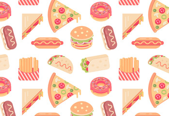 Different fast food menu, burger, hotdog, pizza seamless pattern