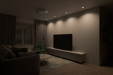 Living room interior design in a modern architectural style. A series of 3d render of interior with different lighting. Illustration for design and presentations