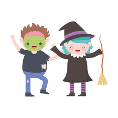 happy halloween, kids with zombie and witch costumes cartoon