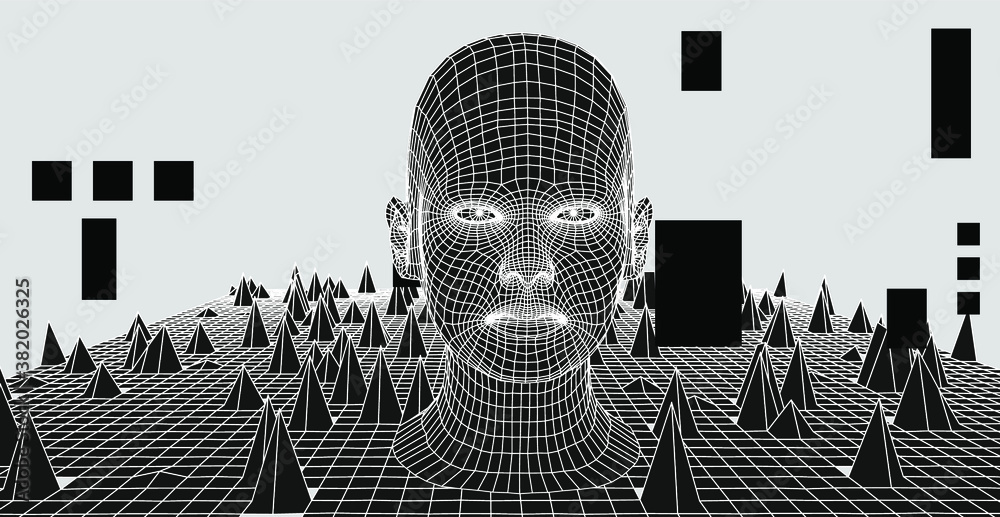 Poster Artificial Intelligence and Neural network concept. 3D human face and infinite perspective grid on the background.