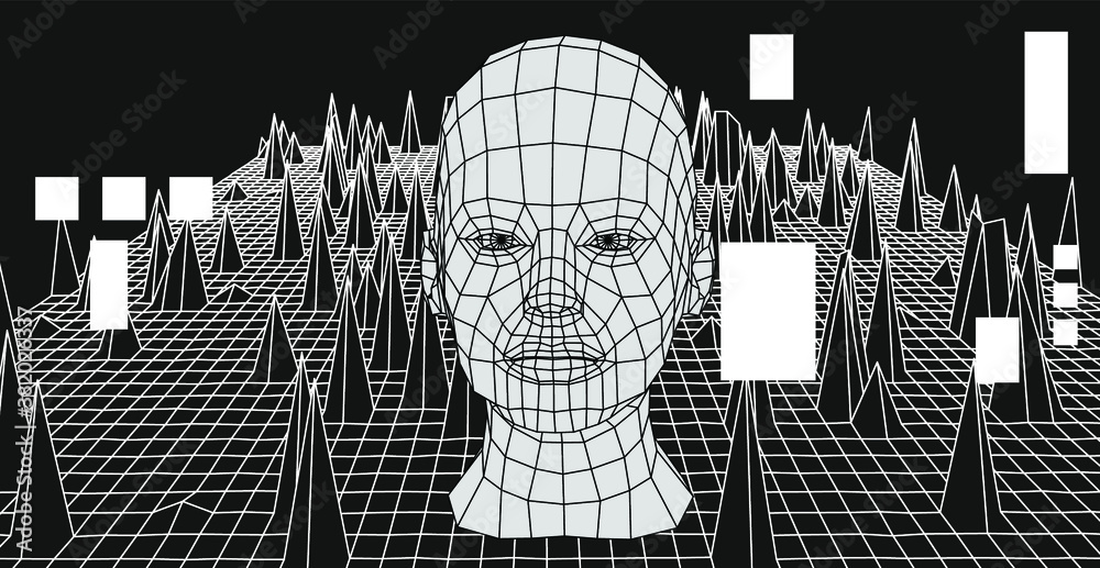 Poster Artificial Intelligence and Neural network concept. 3D human face and infinite perspective grid on the background.