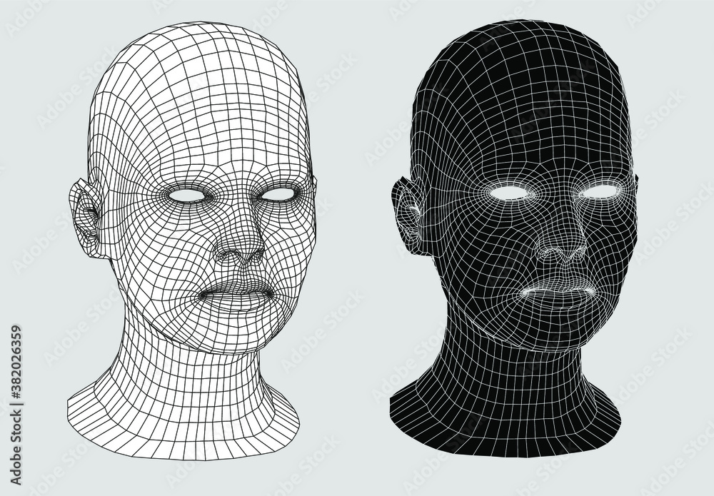 Poster Artificial Intelligence and Neural network concept. 3D human face structure made of grid.