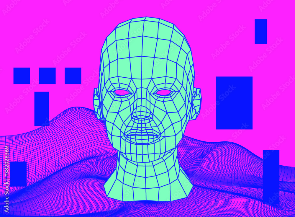 Poster Artificial Intelligence and Neural network concept. 3D human face and infinite perspective grid on the background.
