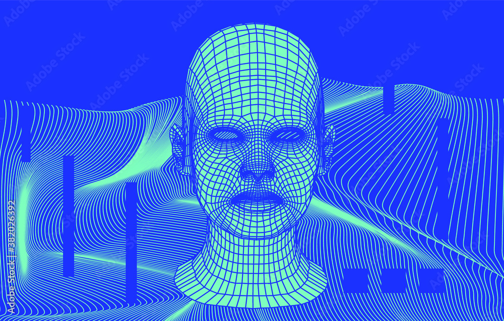 Poster Artificial Intelligence and Neural network concept. 3D human face and infinite perspective grid on the background.