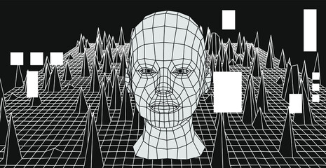 Artificial Intelligence and Neural network concept. 3D human face and infinite perspective grid on the background.