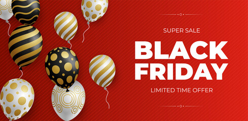 Black Friday Sale Poster with Shiny Balloons on Red Background . Vector illustration.