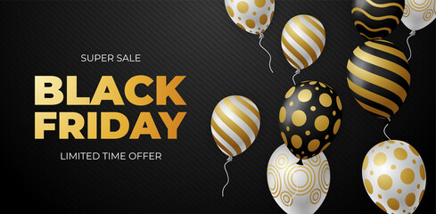 Black Friday Sale Poster with Golden Glossy Balloons on Dark Background. Vector illustration