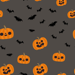 Pumpkins and bats halloween pattern. Seamless texture with cute and funny illustrations.