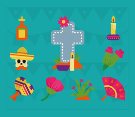 icon set of sugar skull and mexican day of dead, flat style