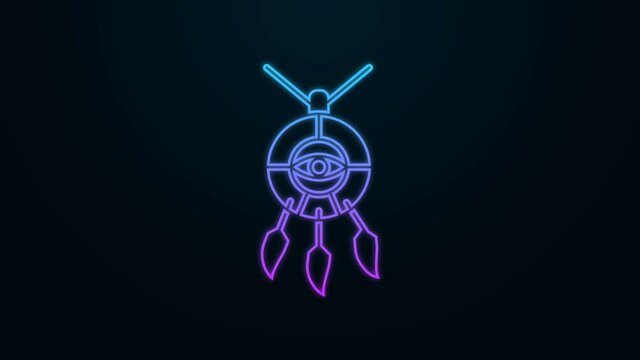 Glowing neon line Dream catcher with feathers icon isolated on black background. 4K Video motion graphic animation