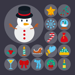 icon set of christmas and snowman, flat style
