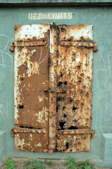 Heavily rusted steel doors on bunker 