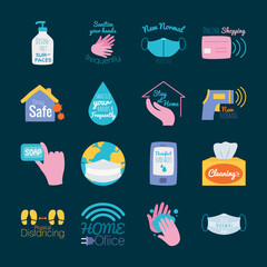 earth planet and new normal icon set, flat style