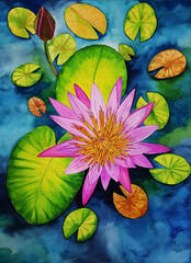 floating pink water lily flowers and green leaves  