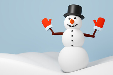 3d illustration Christmas snowman in a hat and red mittens stands on the snow on a white isolated background.