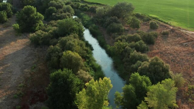 Pan right shot of a creek and woods at El Pic&oacute;n de los Conejos wetlands.
