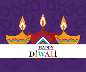happy diwali festival, lights diya lamps purple background