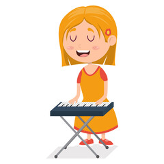 little girl playing piano, young pianist on performance, cartoon vector illustration on white background